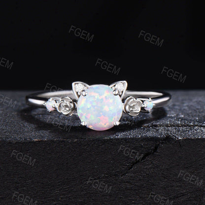 Cat Shaped 6.5mm Round Cut Opal Engagament Ring Set Moissanite Cluster Ring Unique Kitten White Opal Bridal Set Proposal Gifts For Cat Lover