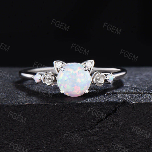 Cat Shaped Engagement Ring 1ct Round White Opal Wedding Ring Rose Flower Opal Moissanite Bridal Ring October Birthstone Jewelry Promise Gift
