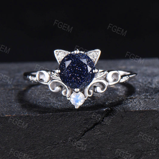 Kitten Round Blue Sandstone Engagement Ring Sterling Silver Nature Inspired Branch Leaf Starry Goldstone Moonstone Wedding Ring Women Gift