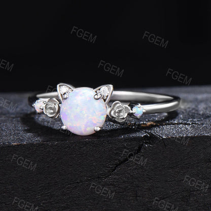 Cat Shaped Engagement Ring 1ct Round White Opal Wedding Ring Rose Flower Opal Moissanite Bridal Ring October Birthstone Jewelry Promise Gift