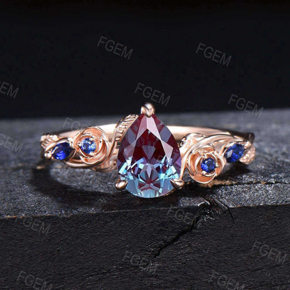 Rose Gold Floral Engagement Ring Pear Color-Change Alexandrite Wedding Ring Leaf Vine Blue Sapphire Bridal Set Birthstone Jewelry Women Gift