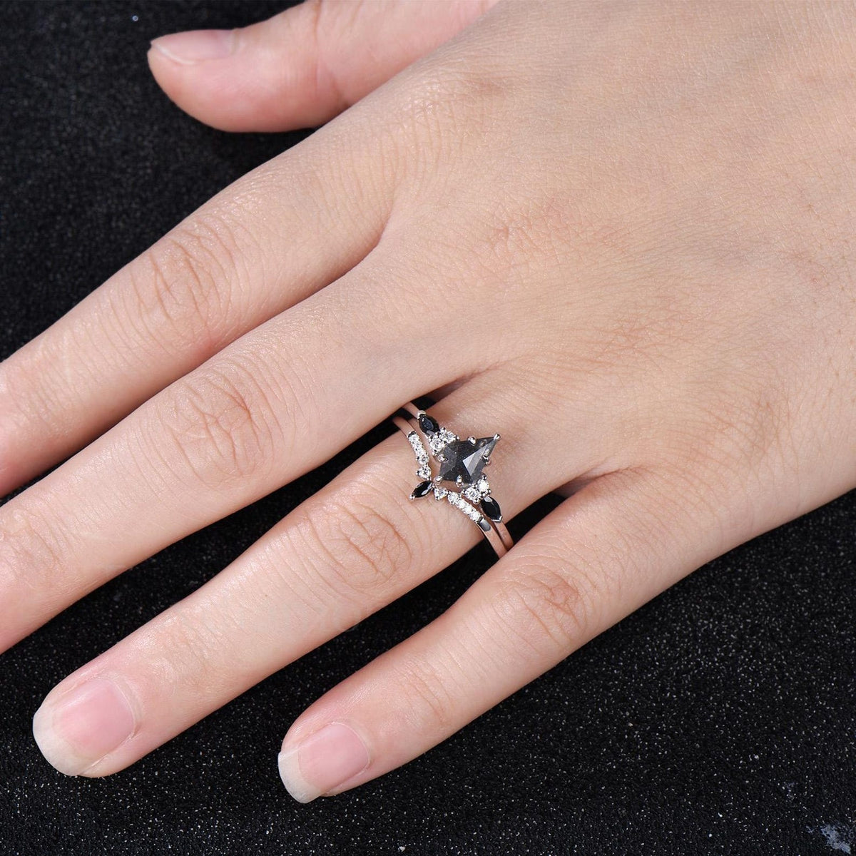 Natural Salt And Pepper Diamond Kite Cut Engagement Ring Set, Black Spinel Wedding Set, 14k White Gold Bridal Set, Gothic Ring For Women