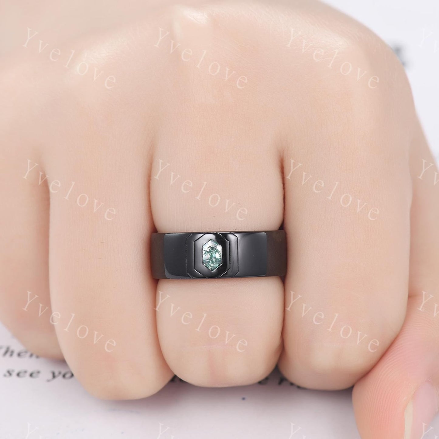 7mm Black Gold Mens Hexagon Moss Agate Wedding Band Nature Inspired Green Agate Engagement Ring Plain Band Mens Stacking Band Promise Ring