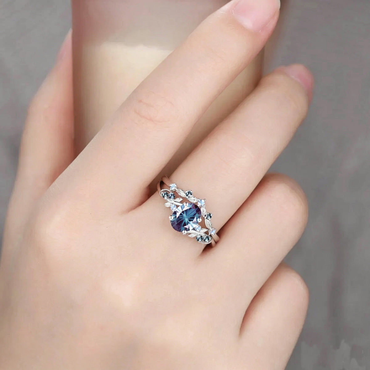 Fireworks Cut Alexandrite Oval Engagement Ring Set Vine Leaf White Gold Nature Inspired Moonstone Bridal Wedding Ring Set June Birthstone