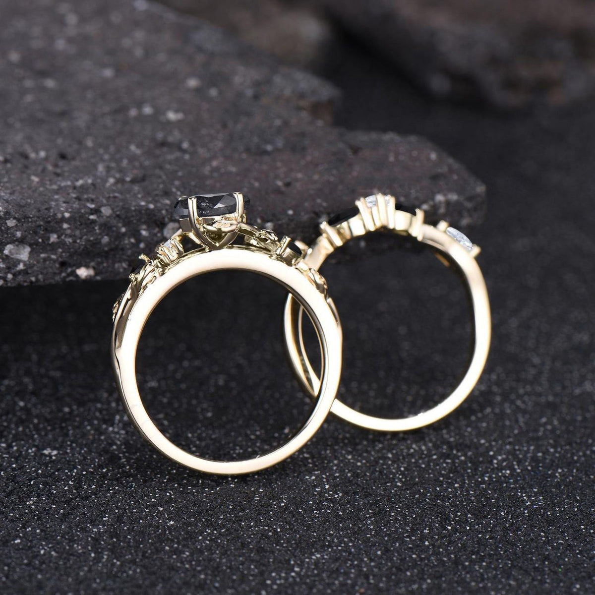 Nature Inspired Natural Salt And Pepper Diamond Kite Cut Bridal Wedding Ring Set 14k Black Gold Gothic Branch Moon Unique Engagement Jewelry