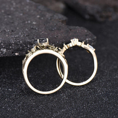 Nature Inspired Natural Salt And Pepper Diamond Kite Cut Bridal Wedding Ring Set 14k Black Gold Gothic Branch Moon Unique Engagement Jewelry
