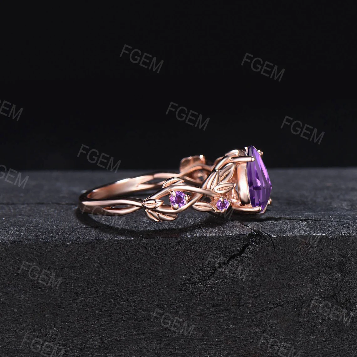 Natural Amethyst Purple Crystal Ring Set 2 Pieces Pear Cut Shaped Band  Wedding Ring 14k Pink Gold