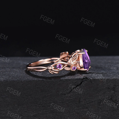 Amethyst Engagement Rings 1.25ct Pear Nature Inspired Twig Leaf Purple Crystal Bridal Ring Twisted Band February Birthstone Jewelry Gifts