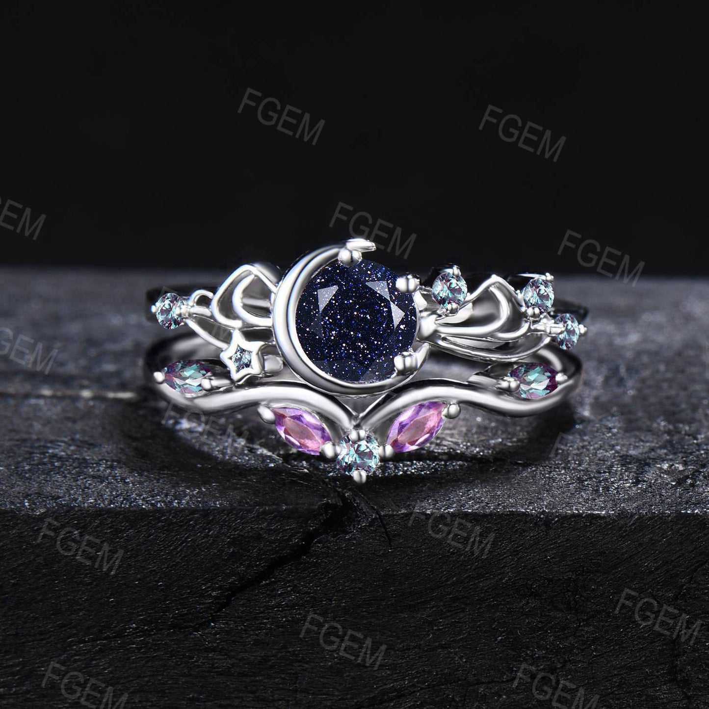 Celestial Galaxy Blue Sandstone Engagement Ring Sailor Moon Star Round Blue Goldstone Moonstone Bridal Set Unique Bowknot Ring Promise Women Gifts