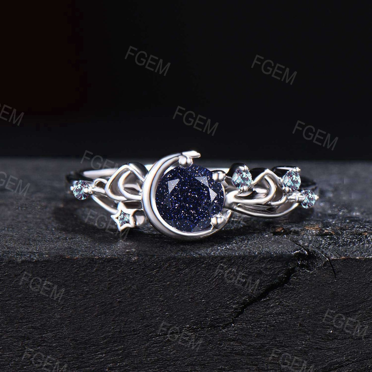 Celestial Galaxy Blue Sandstone Engagement Ring Sailor Moon Star Round Blue Goldstone Moonstone Bridal Set Unique Bowknot Ring Promise Women Gifts