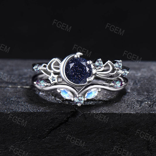 Celestial Galaxy Blue Sandstone Engagement Ring Sailor Moon Star Round Blue Goldstone Moonstone Bridal Set Unique Bowknot Ring Promise Women Gifts