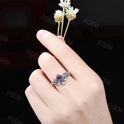 Floral Round Color-Change Alexandrite Ring Set Nature Inspired Leaf Vine Moissanite Alexandrite Bridal Set June Birthstone Bypass Ring Gifts