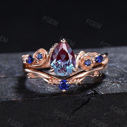 Rose Gold Floral Engagement Ring Pear Color-Change Alexandrite Wedding Ring Leaf Vine Blue Sapphire Bridal Set Birthstone Jewelry Women Gift