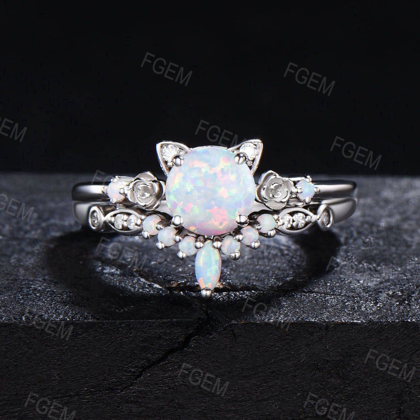 Cat Design 1ct Round Opal Engagement Ring Set White Gold Cat Ring Floral Opal Cluster Bridal Set October Birthstone Cat Lover Proposal Gift