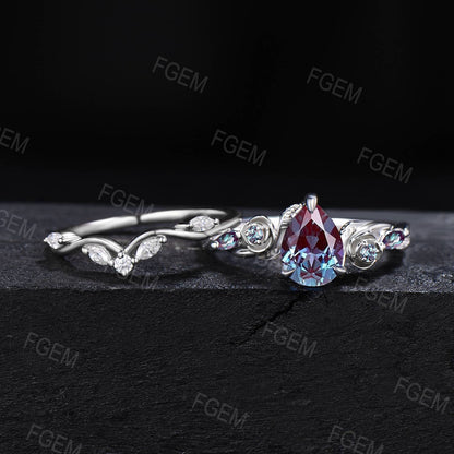 Floral Round Color-Change Alexandrite Ring Set Nature Inspired Leaf Vine Moissanite Alexandrite Bridal Set June Birthstone Bypass Ring Gifts