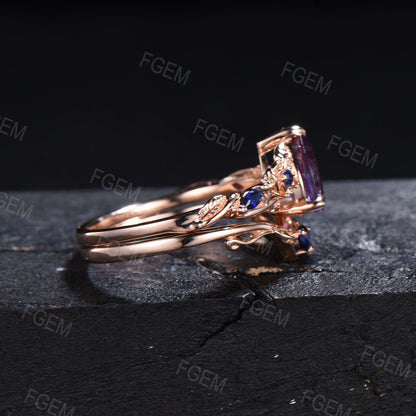 Rose Gold Floral Engagement Ring Pear Color-Change Alexandrite Wedding Ring Leaf Vine Blue Sapphire Bridal Set Birthstone Jewelry Women Gift