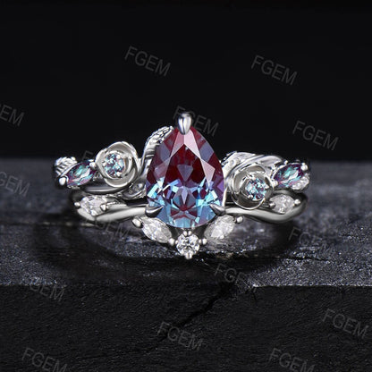 Floral Round Color-Change Alexandrite Ring Set Nature Inspired Leaf Vine Moissanite Alexandrite Bridal Set June Birthstone Bypass Ring Gifts