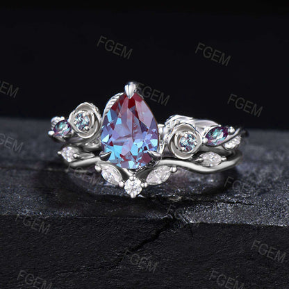 Floral Round Color-Change Alexandrite Ring Set Nature Inspired Leaf Vine Moissanite Alexandrite Bridal Set June Birthstone Bypass Ring Gifts