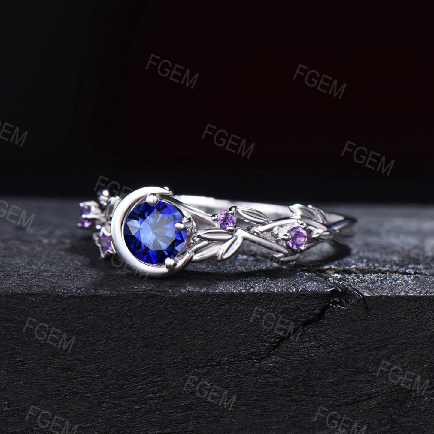 Nature Inspired Round Blue Sapphire Engagement Ring Entangled Vines Amethyst Ring Silver Moon Star Design Sapphire Wedding Ring Women Gifts