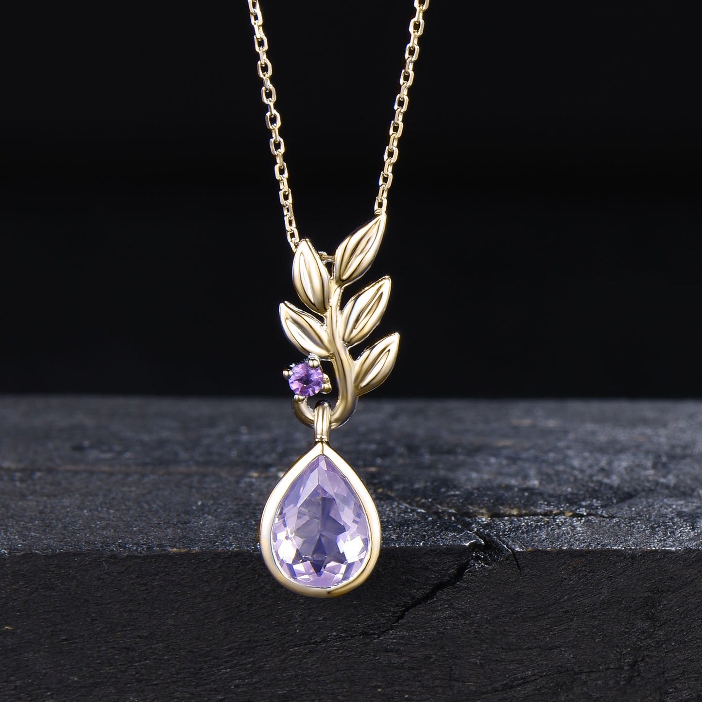 Natural Lavender Amethyst Necklace 14k Yellow Gold Olive Leaf Necklace Pear Shaped Vintage Purple Amethyst Pendant February Birthstone Gifts