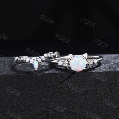 Cat Design 1ct Round Opal Engagement Ring Set White Gold Cat Ring Floral Opal Cluster Bridal Set October Birthstone Cat Lover Proposal Gift