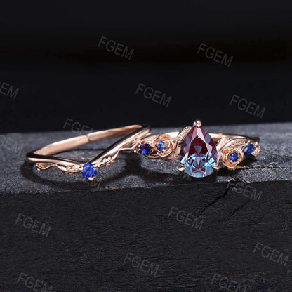 Rose Gold Floral Engagement Ring Pear Color-Change Alexandrite Wedding Ring Leaf Vine Blue Sapphire Bridal Set Birthstone Jewelry Women Gift