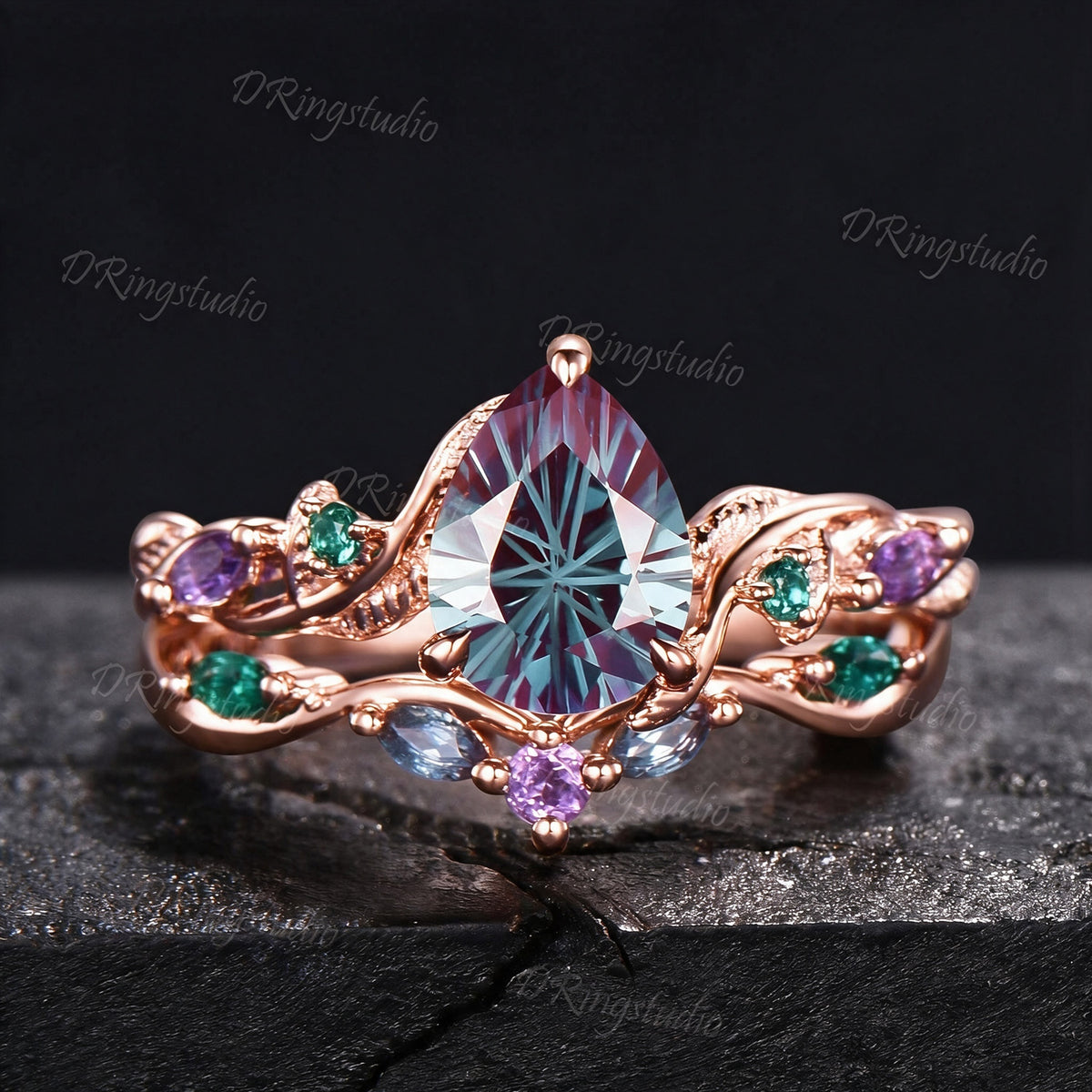 1.25CT Fireworks Cut Color-Change Alexandrite Black Gold Wedding Ring Set Pear Cut Engagement Rings Twig Vine Emerald Amethyst Bridal Set