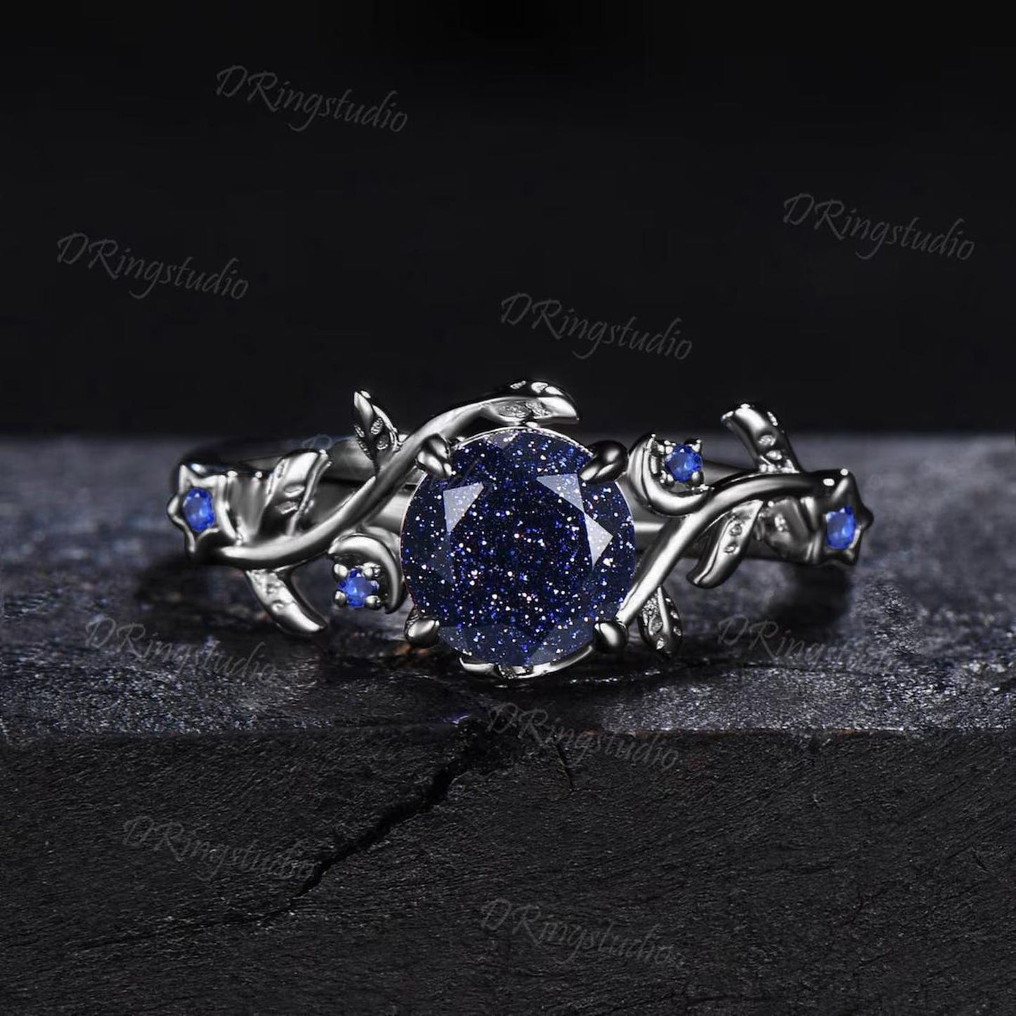 Celestial Moon Round Blue Sandstone Engagement Ring Set Nature Inspired Star Leaf Sapphire Promise Ring Black Gold Nebula Ring for Women
