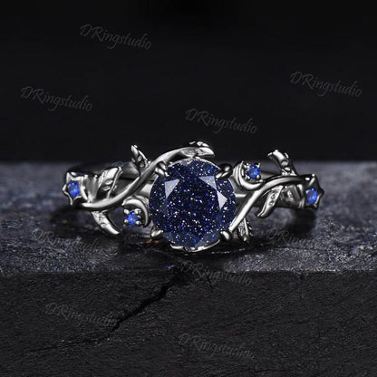 Celestial Moon Round Blue Sandstone Engagement Ring Set Nature Inspired Star Leaf Sapphire Promise Ring Black Gold Nebula Ring for Women