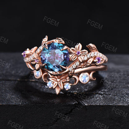 1ct Floral Blossom Nature Round Alexandrite Amethyst Engagement Bridal Set Unique Triple Moon Moonstone Wedding Ring Promise Gifts for Women