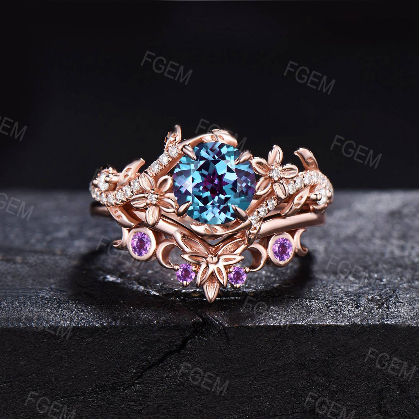 1ct Floral Blossom Nature Round Alexandrite Amethyst Engagement Bridal Set Unique Triple Moon Moonstone Wedding Ring Promise Gifts for Women