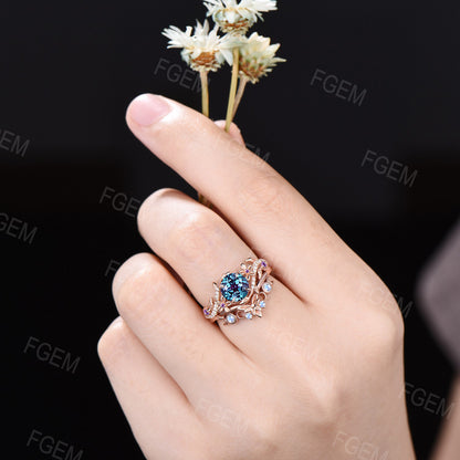 1ct Floral Blossom Nature Round Alexandrite Amethyst Engagement Bridal Set Unique Triple Moon Moonstone Wedding Ring Promise Gifts for Women