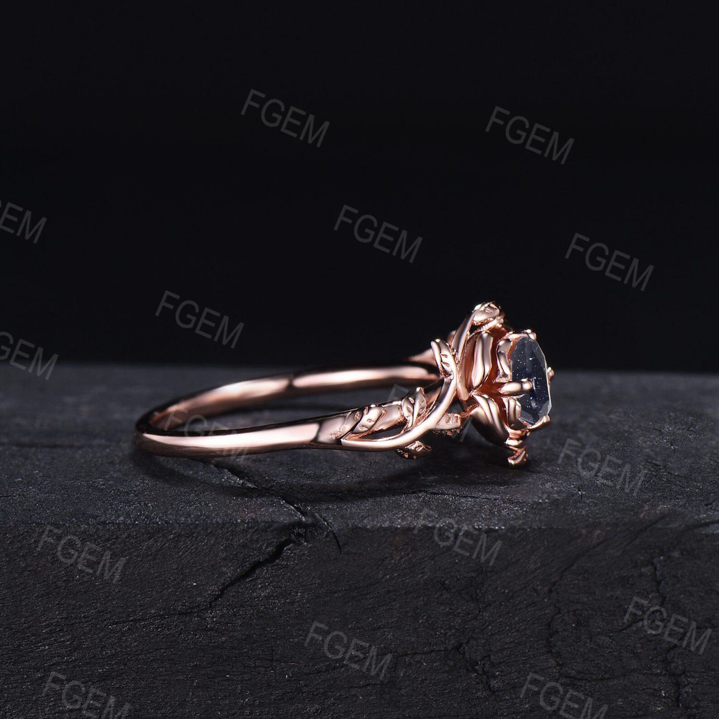 Nature Inspired Blue Sandstone Engagement Ring 5mm Round Blue Goldstone Ring Rose Flower Wedding Ring Black Spinel Leaf Branch Ring Gift