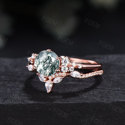 1ct Round Cut Natural Green Moss Agate Snowdrift Engagement Ring Set 14k Rose Gold Cluster CZ Diamond Leaf Wedding Ring Set Anniversary Gift