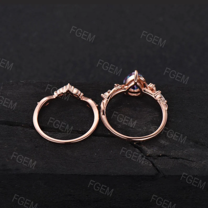 1.25ct Pear Natural Pink Rose Quartz Engagement Ring Cluster Rose Gold Crystal Bridal Set Nature Inspired Rose Quartz Moonstone Wedding Ring