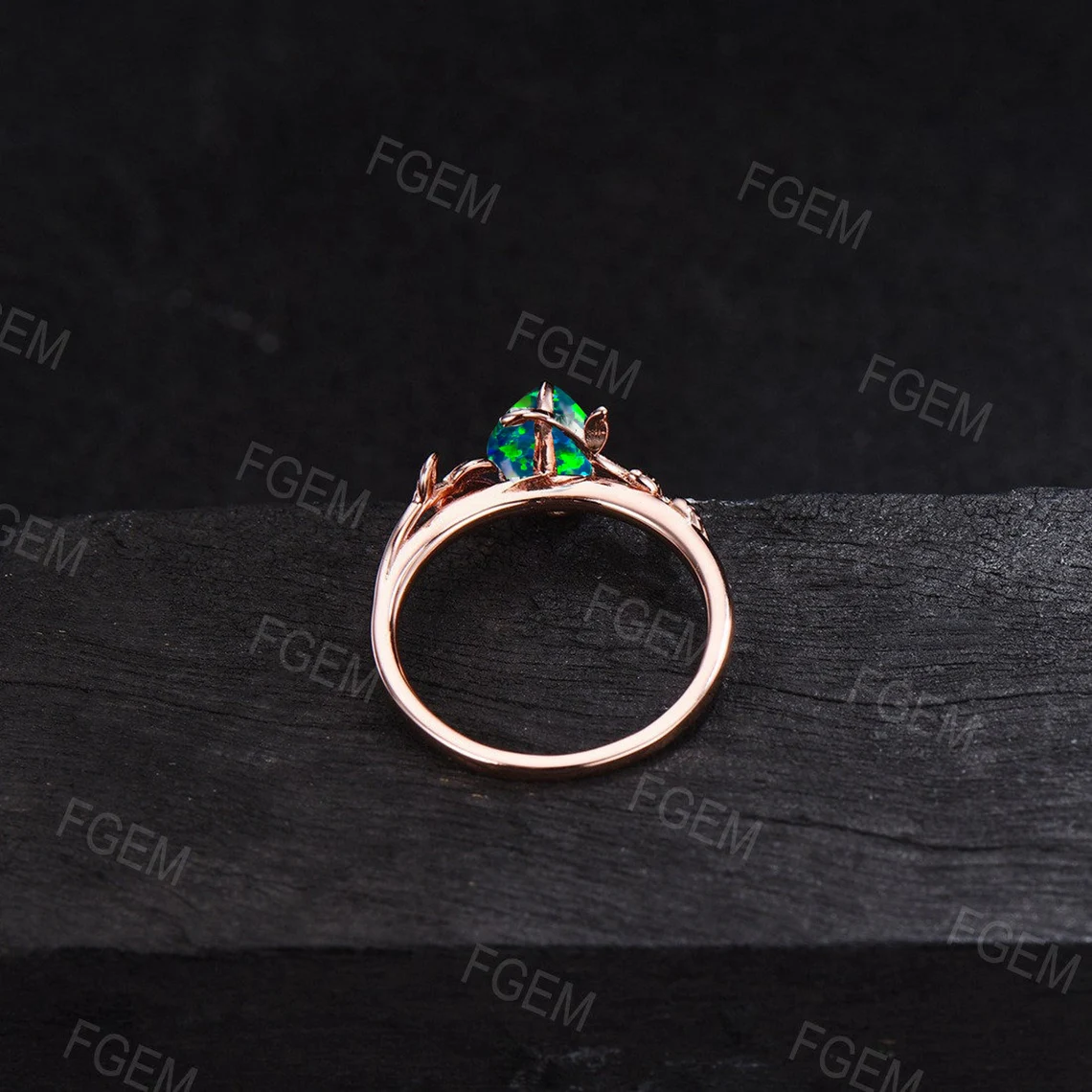 6*8mm Pear Shaped Black Fire Opal Ring Vintage Silver Twig Leaf Nature Inspired Opal Engagement Ring Anniversary Ring Women Proposal Gift