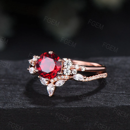 1ct Round Red Ruby Engagement Ring Set Dainty Ruby Diamond Cluster Bridal Ring Set Leaf Wedding Ring Unique Promise/Anniversary Gifts Women