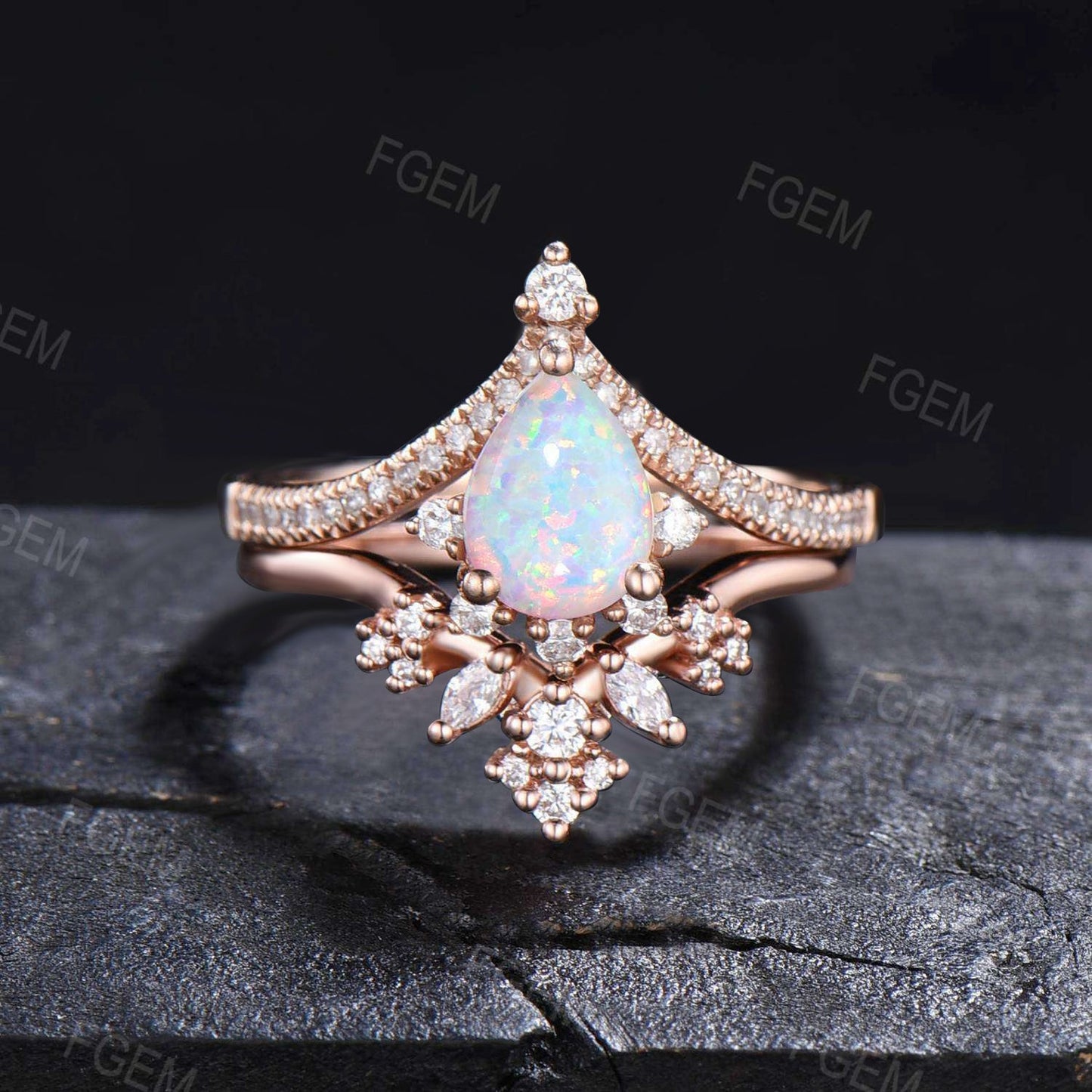 1.25ct Pear Opal Engagement Ring Set Vintage Crown Tiara Wedding Ring Rose Gold Curved Moissanite Contour Nesting Band Fire Opal Bridal Set