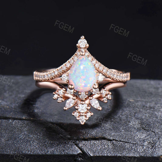 1.25ct Pear Opal Engagement Ring Set Vintage Crown Tiara Wedding Ring Rose Gold Curved Moissanite Contour Nesting Band Fire Opal Bridal Set