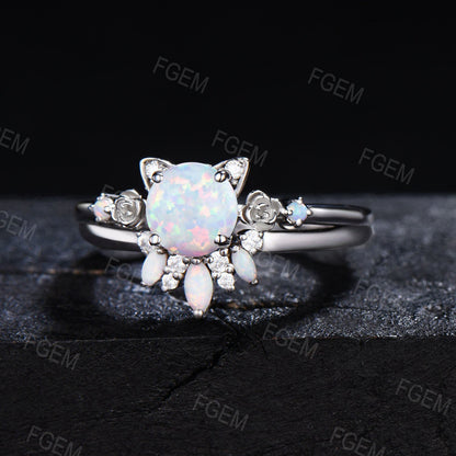 Cat Engagement Ring Rose Flower Round White Opal Ring Set Vintage Moissanite Cluster Bridal Set Unique October Birthstone Gift for Cat Lover