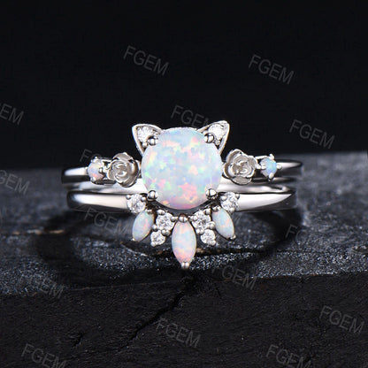 Cat Engagement Ring Rose Flower Round White Opal Ring Set Vintage Moissanite Cluster Bridal Set Unique October Birthstone Gift for Cat Lover