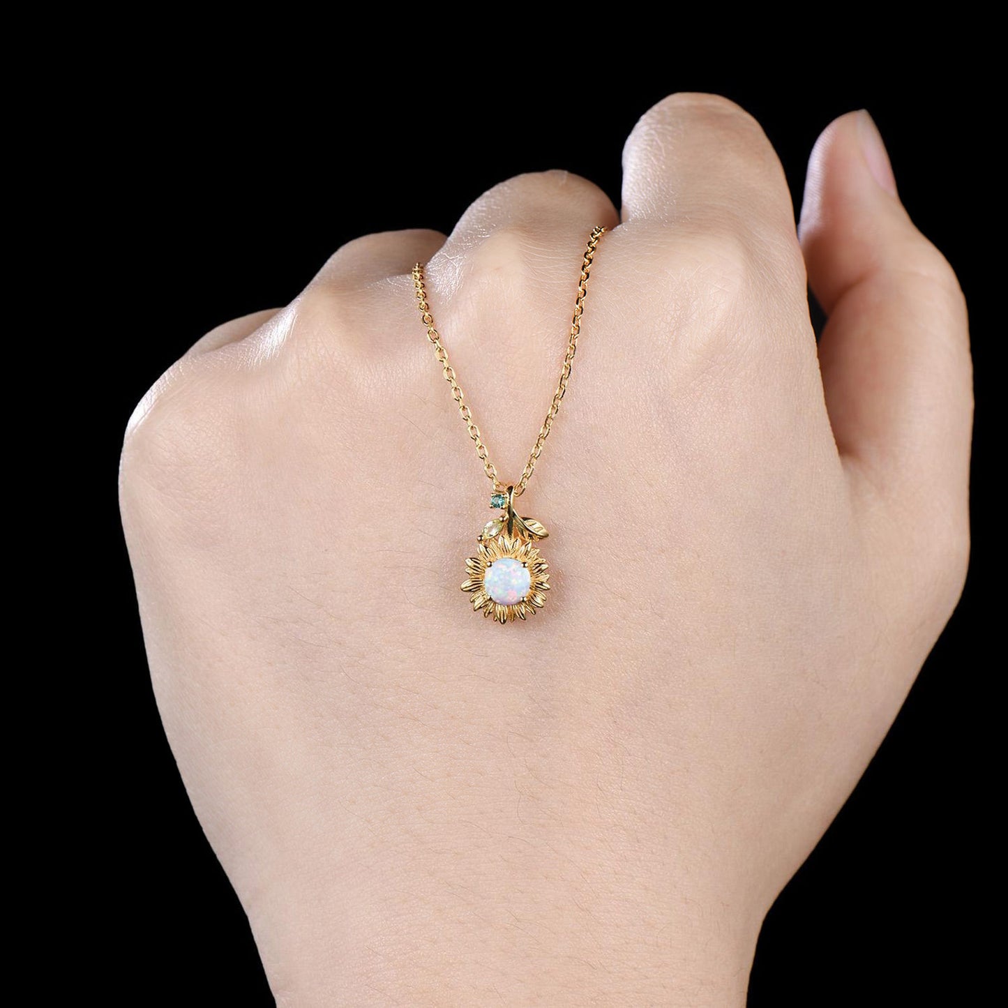 Vintage White Opal Sunflower Necklace Round Cut Fire Opal With Emerald Peridot Leaf Floral Pendant Dainty October Birthstone Jewelry Gift