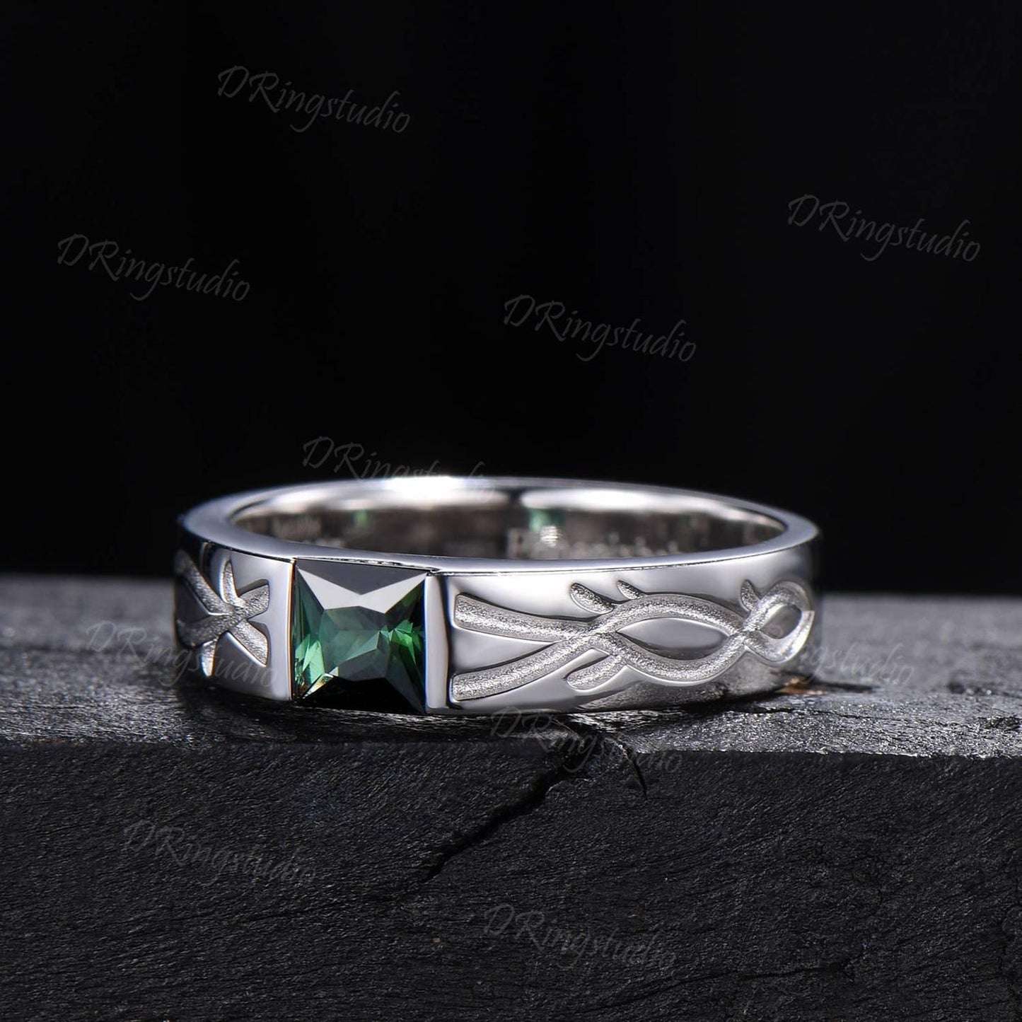 Natural Green Tourmaline Mens Engagement Ring White Gold Princess Cut Infinity Knot Mens Wedding Band Solitaire October Birthstone Men Ring