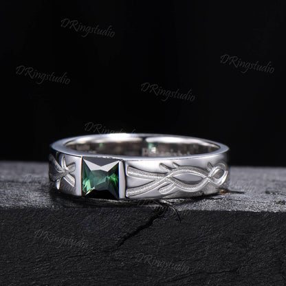 Natural Green Tourmaline Mens Engagement Ring White Gold Princess Cut Infinity Knot Mens Wedding Band Solitaire October Birthstone Men Ring