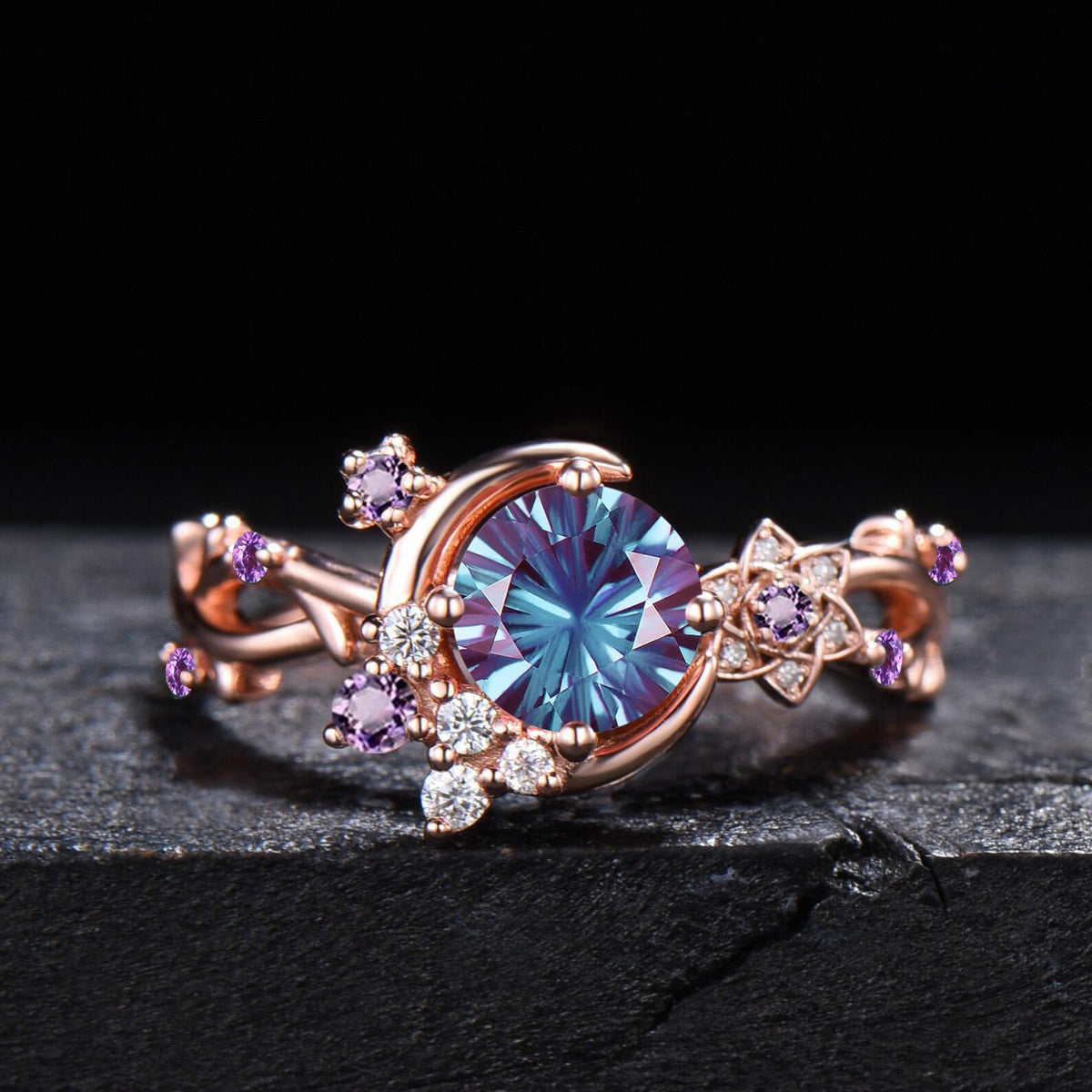 Fireworks Cut Color-Change Alexandrite Round Engagement Ring 14K Rose Gold Crescent Moon Star Ring Cluster Amethyst Moissanite Bridal Ring