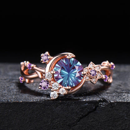 Fireworks Cut Color-Change Alexandrite Round Engagement Ring 14K Rose Gold Crescent Moon Star Ring Cluster Amethyst Moissanite Bridal Ring