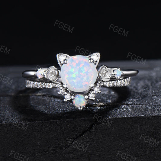 Cat Shaped 6.5mm Round Cut Opal Engagament Ring Set Moissanite Cluster Ring Unique Kitten White Opal Bridal Set Proposal Gifts For Cat Lover