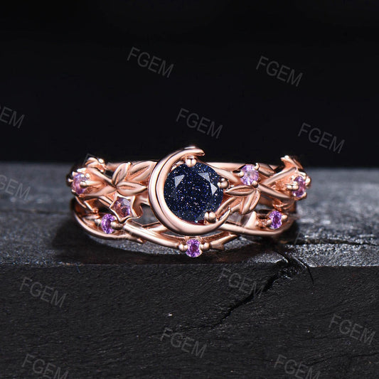 Moon Star Design Galaxy Blue Sandstone Engagement Ring Set Twig leaf Vine Amethyst Bridal Set Round Starry Sky Goldstone Ring Promise Gift