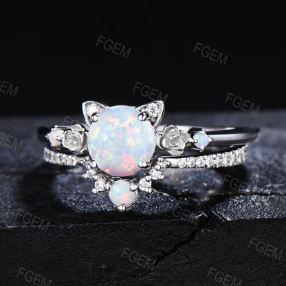 Cat Shaped 6.5mm Round Cut Opal Engagament Ring Set Moissanite Cluster Ring Unique Kitten White Opal Bridal Set Proposal Gifts For Cat Lover