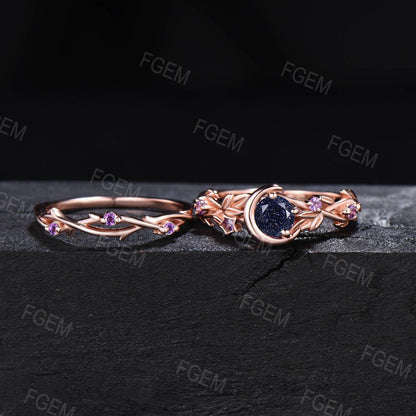 Moon Star Design Galaxy Blue Sandstone Engagement Ring Set Twig leaf Vine Amethyst Bridal Set Round Starry Sky Goldstone Ring Promise Gift